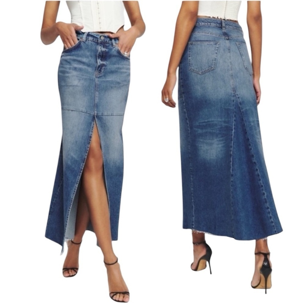 Reformation Tazz Denim Maxi Skirt Womens 30 Capsule Boho Festival Hemlock Wash